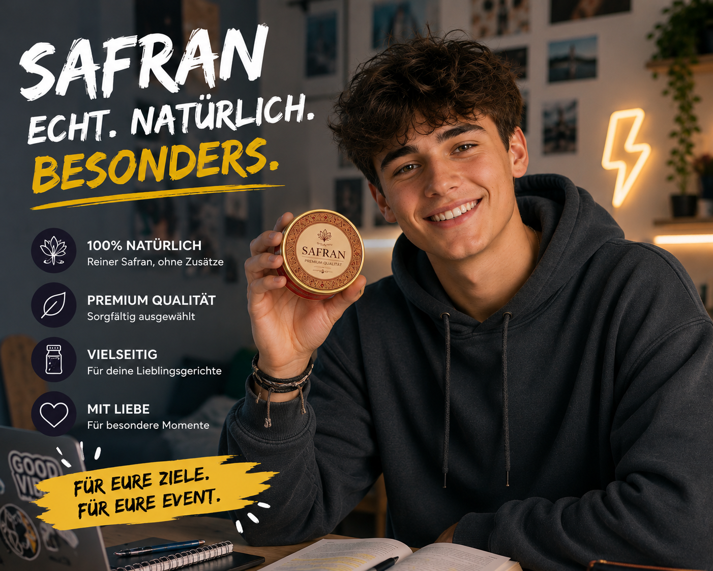 Abiturient hält lächelnd eine Dose Safran in der Hand